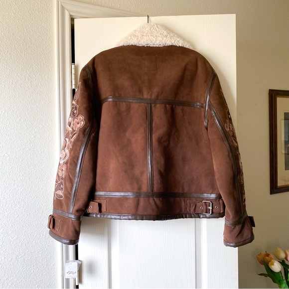 Free People Andies Vegan Moto Jacket Embroidered Floral Brown Bear Small NWT - Picture 10 of 14